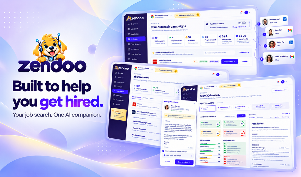 How AI Is Changing the Way Indian Professionals Search for Jobs Zendoo product overview showing outreach campaigns, professional connections, and CV Insights.